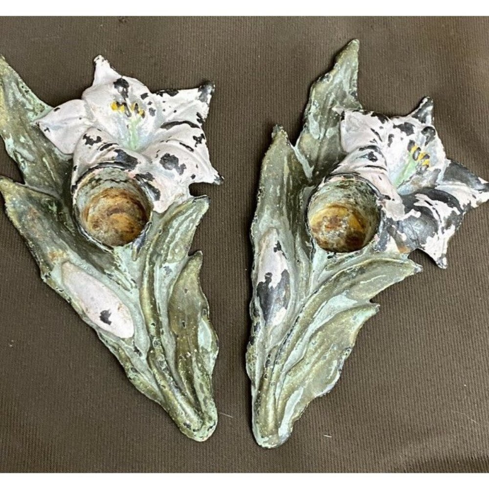 Pair‎ Antique 19th C Cast Iron Lily Lilies Candleholders Holders Pat. Pend 7A7